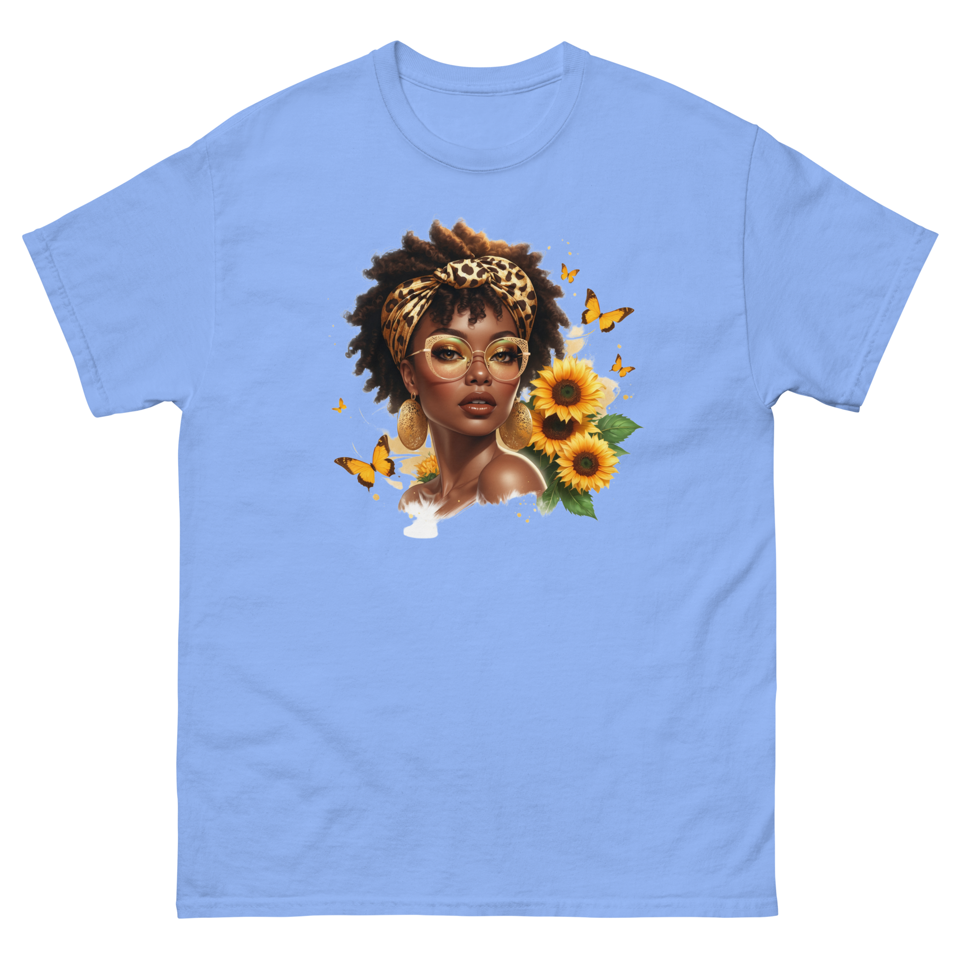 Afro Chic Sunflower Tee – Leopard Wrap & Butterfly Graphic Women Tees Style Junction – Custom Digital Designs & Apparel Carolina Blue S