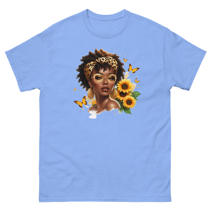 Afro Chic Sunflower Tee – Leopard Wrap & Butterfly Graphic Women Tees Style Junction – Custom Digital Designs & Apparel Carolina Blue S