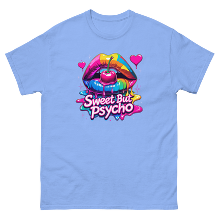 Sweet But Psycho Tee – Neon Cherry Dripping Lips Pop Art Women Tees Style Junction – Custom Digital Designs & Apparel Carolina Blue S