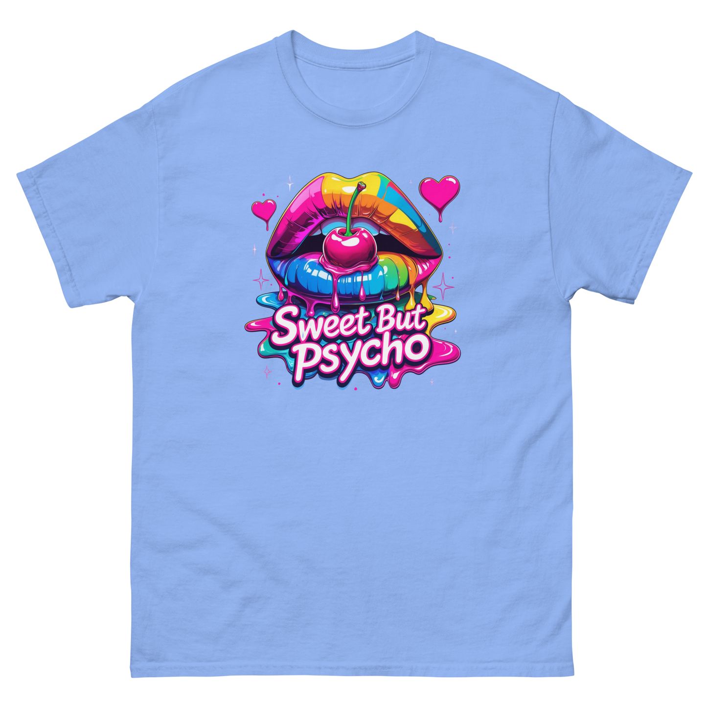 Sweet But Psycho Tee – Neon Cherry Dripping Lips Pop Art Women Tees Style Junction – Custom Digital Designs & Apparel Carolina Blue S