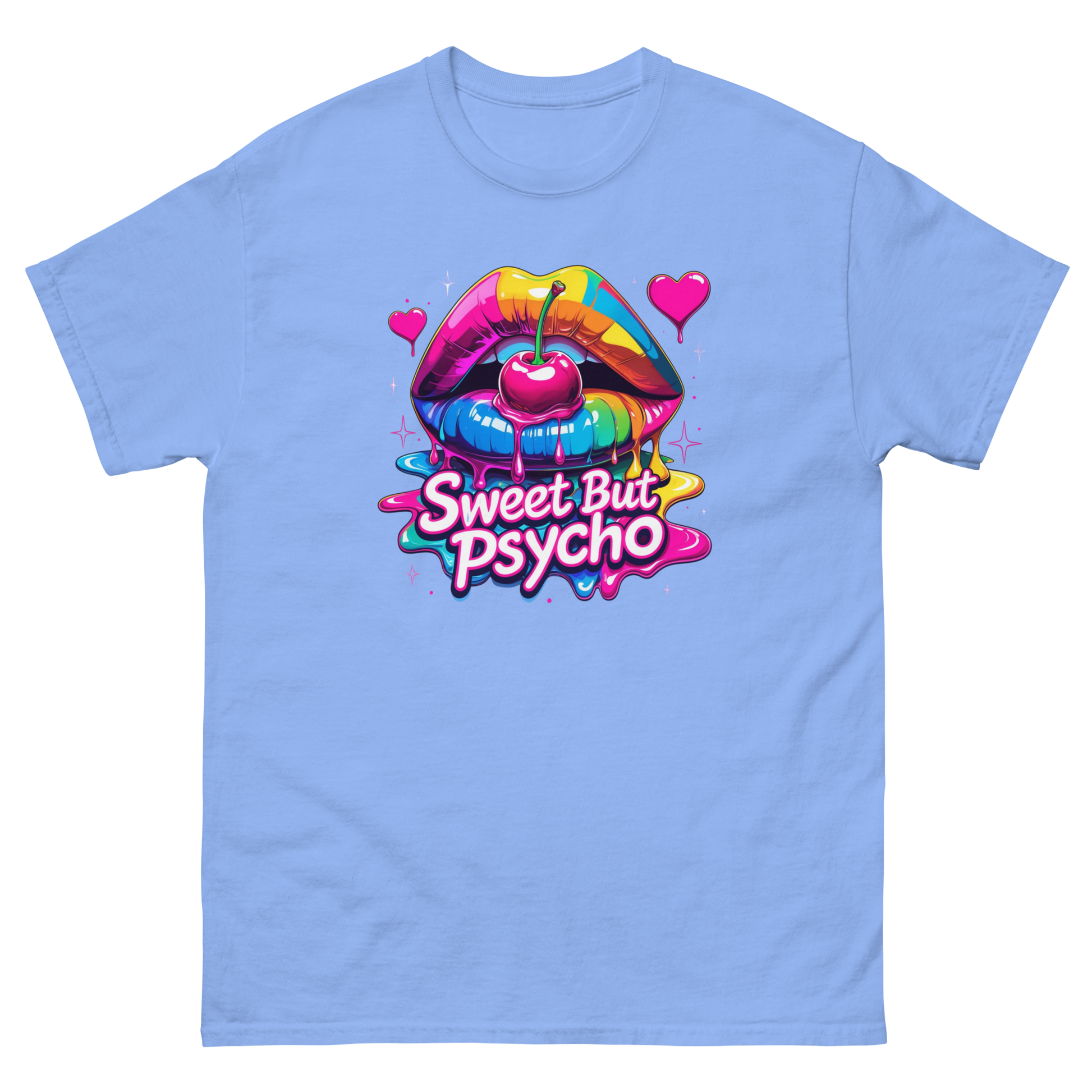 Sweet But Psycho Tee – Neon Cherry Dripping Lips Pop Art Women Tees Style Junction – Custom Digital Designs & Apparel Carolina Blue S
