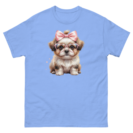 Fluffy Dog Tee – Pink Bow & Heart Glasses Pet Lover Graphic Women Tees Style Junction – Custom Digital Designs & Apparel Carolina Blue S