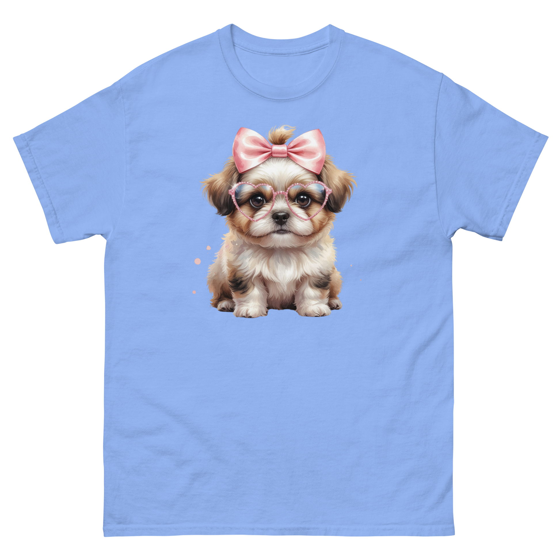 Fluffy Dog Tee – Pink Bow & Heart Glasses Pet Lover Graphic Women Tees Style Junction – Custom Digital Designs & Apparel Carolina Blue S