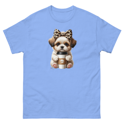 Leopard Bow Shih Tzu Tee – Cute Coffee Puppy Graphic Shirt Women Tees Style Junction – Custom Digital Designs & Apparel Carolina Blue S