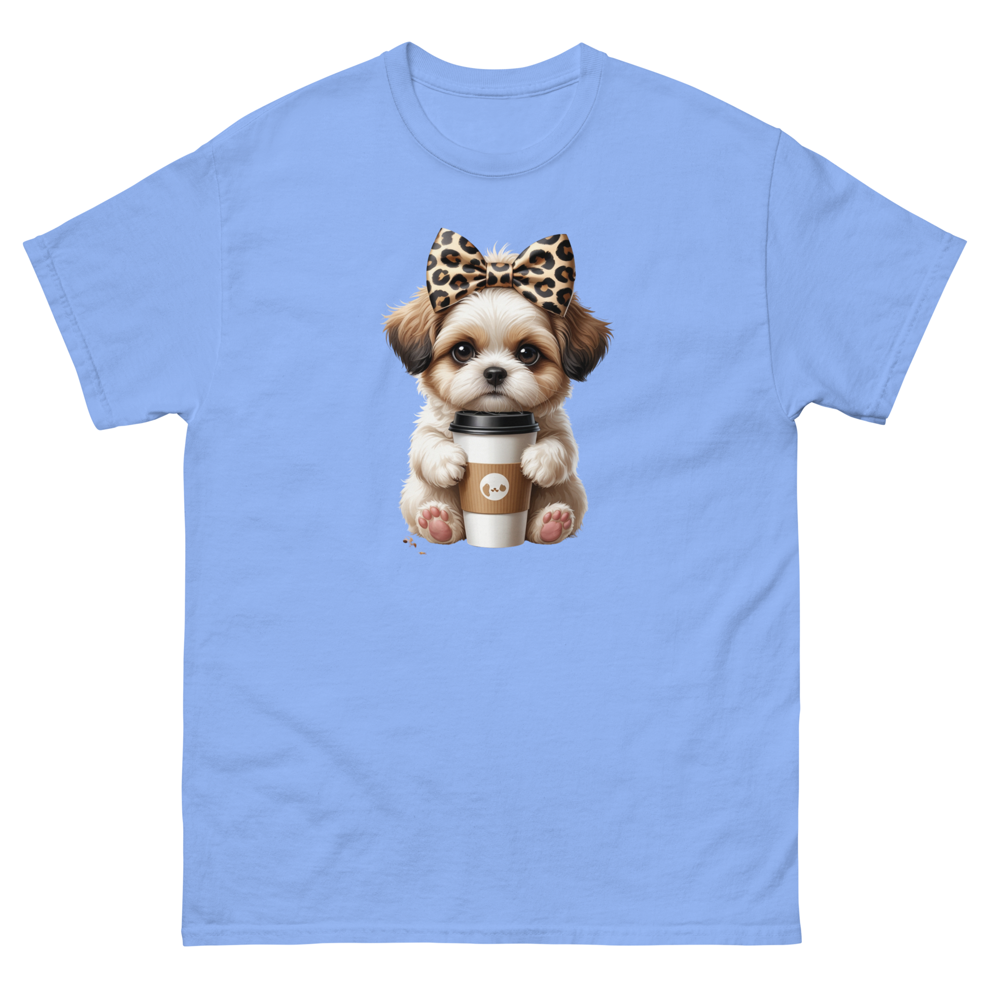 Leopard Bow Shih Tzu Tee – Cute Coffee Puppy Graphic Shirt Women Tees Style Junction – Custom Digital Designs & Apparel Carolina Blue S