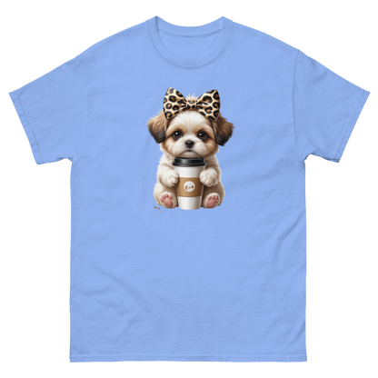 Leopard Bow Shih Tzu Tee – Cute Coffee Puppy Graphic Shirt Women Tees Style Junction – Custom Digital Designs & Apparel Carolina Blue S
