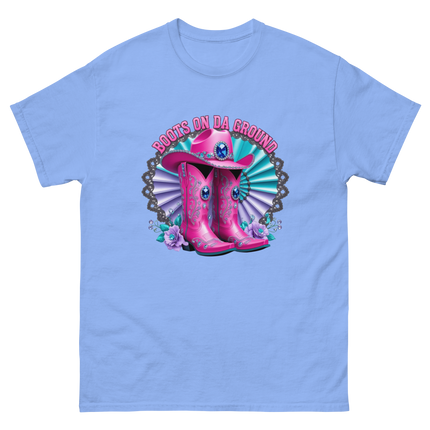 Blinged Out Cowgirl Tee – Pink Boots on Da Ground Women Tees Style Junction – Custom Digital Designs & Apparel Carolina Blue S