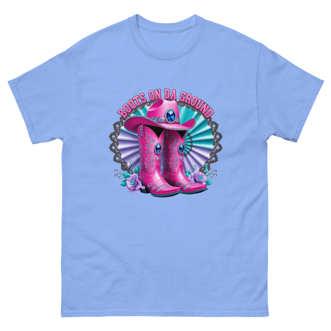 Blinged Out Cowgirl Tee – Pink Boots on Da Ground Women Tees Style Junction – Custom Digital Designs & Apparel Carolina Blue S