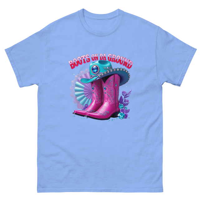 Boots on Da Ground Tee – Hot Pink with Fan Detail Women Tees Style Junction – Custom Digital Designs & Apparel Carolina Blue S
