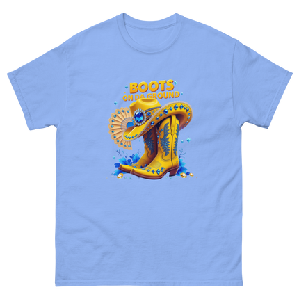 Bold Western Bling Tee – Yellow Boots & Hat Look Women Tees Style Junction – Custom Digital Designs & Apparel Carolina Blue S