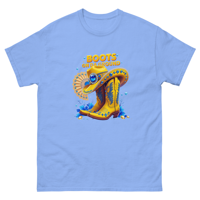 Bold Western Bling Tee – Yellow Boots & Hat Look Women Tees Style Junction – Custom Digital Designs & Apparel Carolina Blue S