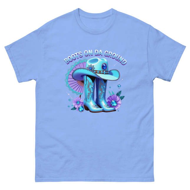 Light Blue Cowgirl Tee – Boots on Da Ground Western Glam Women Tees Style Junction – Custom Digital Designs & Apparel Carolina Blue S