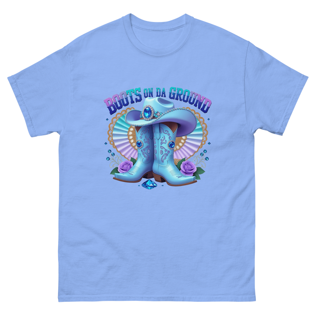 Western Shine Tee – Boots on Da Ground in Cool Blue Women Tees Style Junction – Custom Digital Designs & Apparel Carolina Blue S
