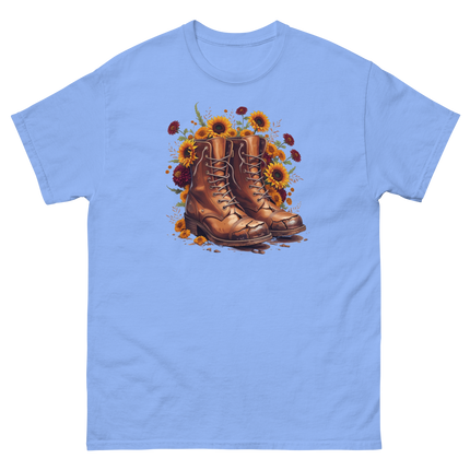 Rustic Fall Combat Boots with Sunflowers Graphic Tee #1 Women Tees Style Junction – Custom Digital Designs & Apparel