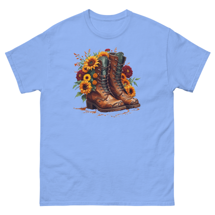 Rustic Fall Combat Boots with Sunflowers Graphic Tee #2 Women Tees Style Junction – Custom Digital Designs & Apparel