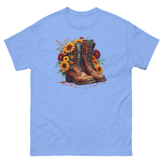 Rustic Fall Combat Boots with Sunflowers Graphic Tee #2 Women Tees Style Junction – Custom Digital Designs & Apparel