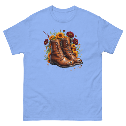 Rustic Fall Combat Boots with Sunflowers Graphic Tee #3 Women Tees Style Junction – Custom Digital Designs & Apparel