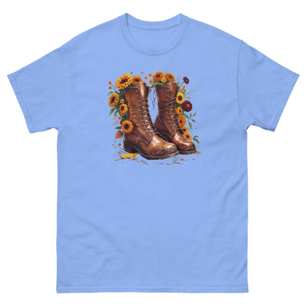 Rustic Fall Combat Boots with Sunflowers Graphic Tee #4 Women Tees Style Junction – Custom Digital Designs & Apparel