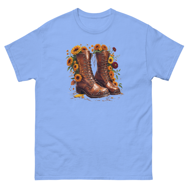 Rustic Fall Combat Boots with Sunflowers Graphic Tee #4 Women Tees Style Junction – Custom Digital Designs & Apparel