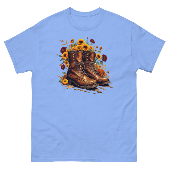 Rustic Fall Combat Boots with Sunflowers Graphic Tee #5 Women Tees Style Junction – Custom Digital Designs & Apparel