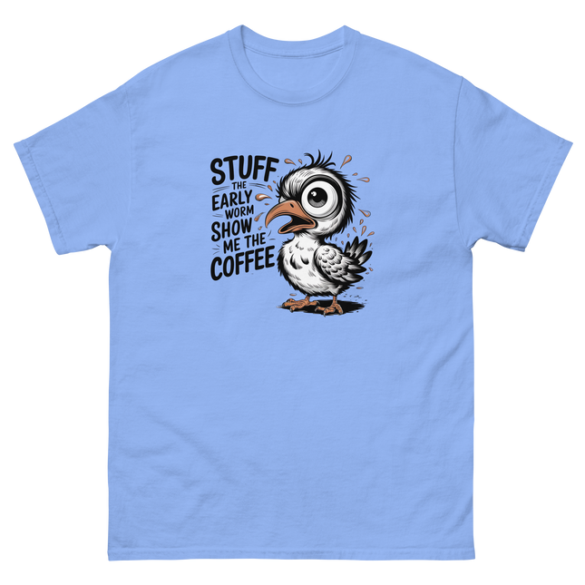 Stuff the Early Worm Coffee Bird Tee – Funny Graphic Shirt Women Tees Style Junction – Custom Digital Designs & Apparel Carolina Blue S