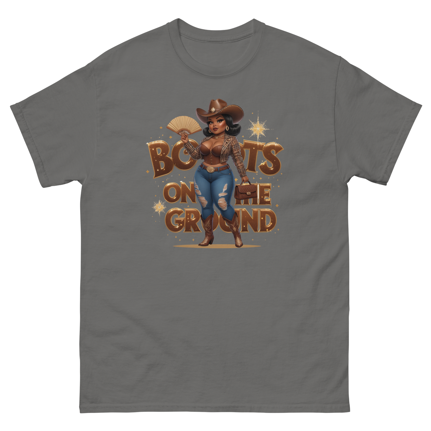 Boots on the Ground Curvy Cowgirl T-Shirt – Bold Western Style Women Tees Style Junction – Custom Digital Designs & Apparel Charcoal S