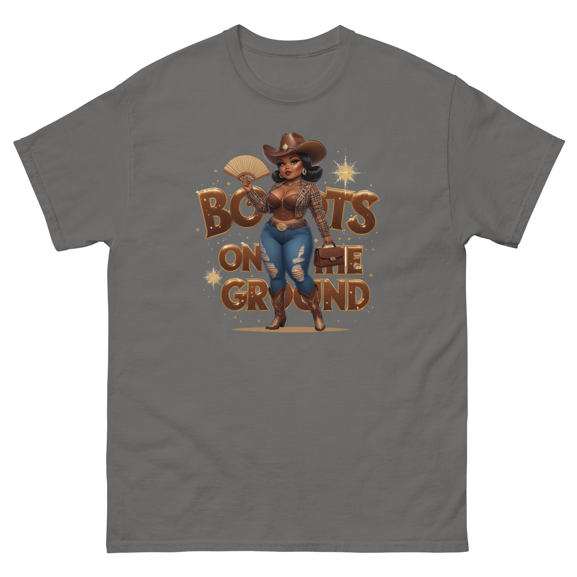 Boots on the Ground Curvy Cowgirl T-Shirt – Bold Western Style Women Tees Style Junction – Custom Digital Designs & Apparel Charcoal S