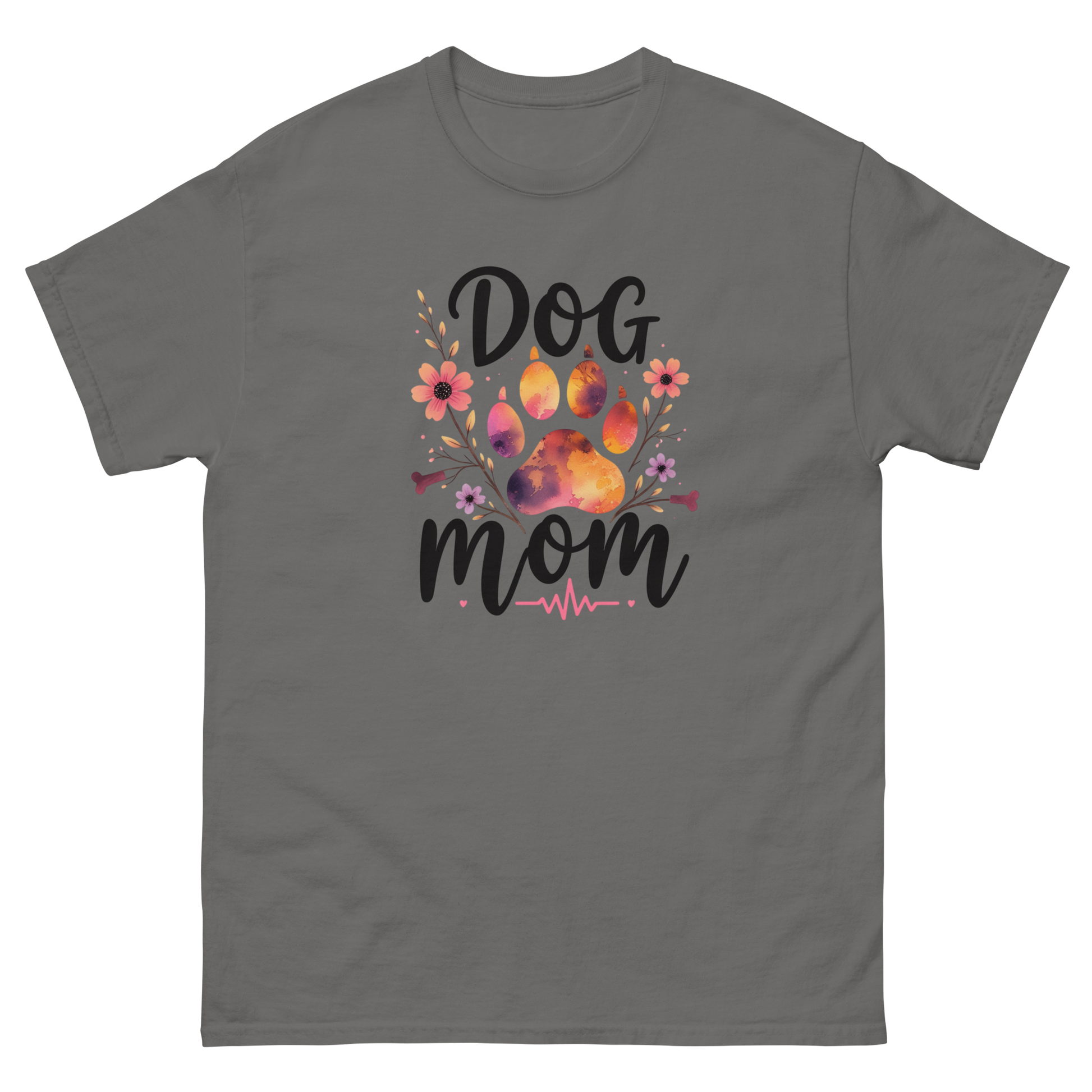 Dog Mom Sunset Floral T-Shirt – Heartbeat Paw Print Design Women Tees Style Junction – Custom Digital Designs & Apparel Charcoal S