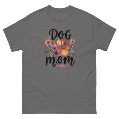 Dog Mom Sunset Floral T-Shirt – Heartbeat Paw Print Design Women Tees Style Junction – Custom Digital Designs & Apparel Charcoal S
