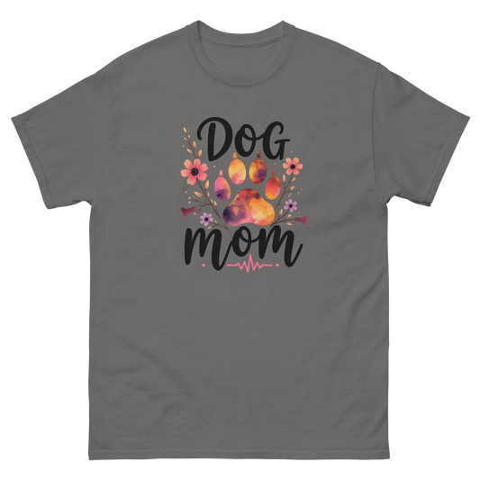 Dog Mom Sunset Floral T-Shirt – Heartbeat Paw Print Design Women Tees Style Junction – Custom Digital Designs & Apparel Charcoal S