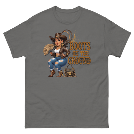 Curvy Cowgirl Tee – “Boots on the Ground” Western Rodeo Graphic Women Tees Style Junction – Custom Digital Designs & Apparel Charcoal S
