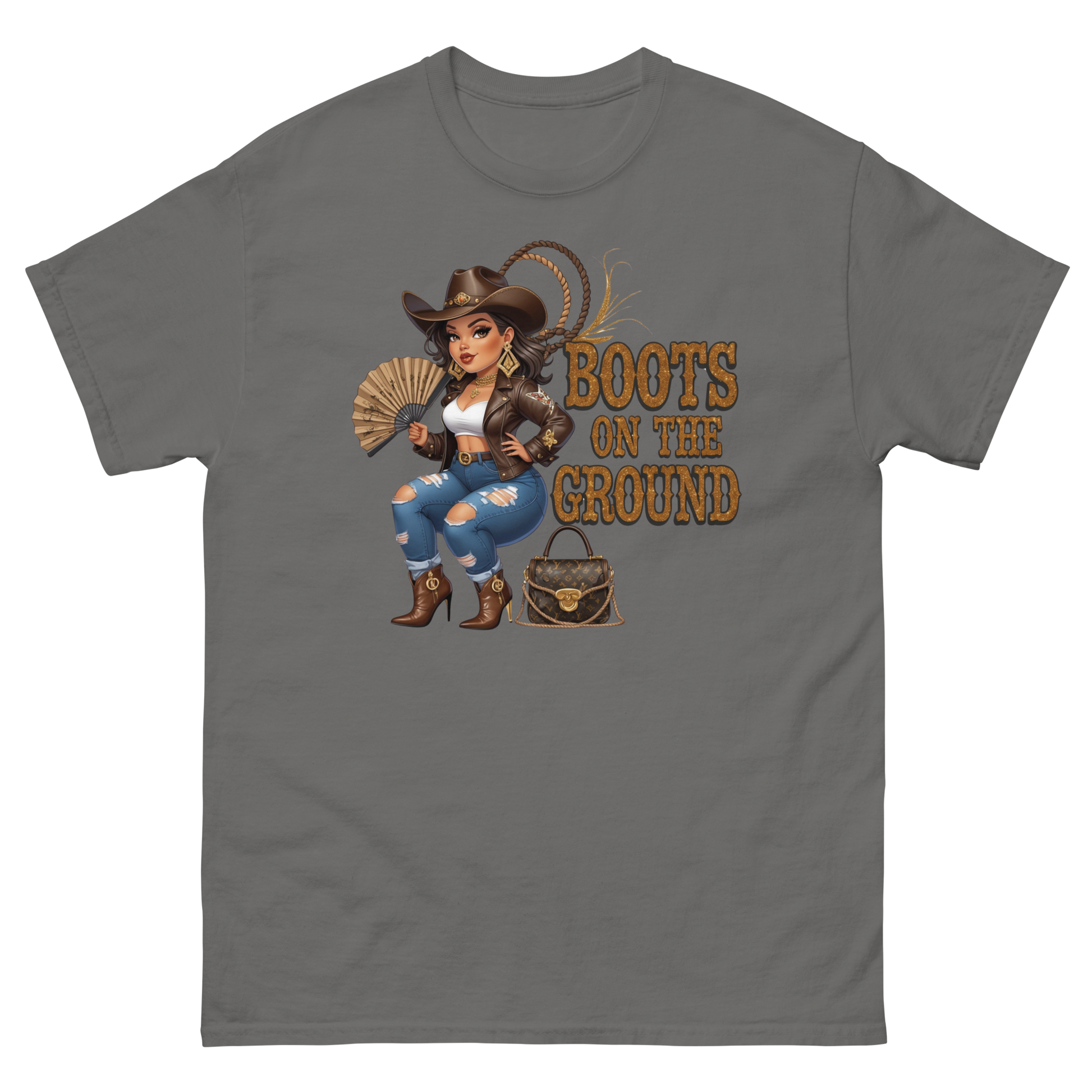 Curvy Cowgirl Tee – “Boots on the Ground” Western Rodeo Graphic Women Tees Style Junction – Custom Digital Designs & Apparel Charcoal S
