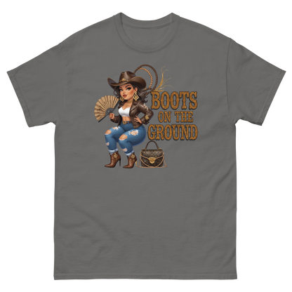 Curvy Cowgirl Tee – “Boots on the Ground” Western Rodeo Graphic Women Tees Style Junction – Custom Digital Designs & Apparel Charcoal S