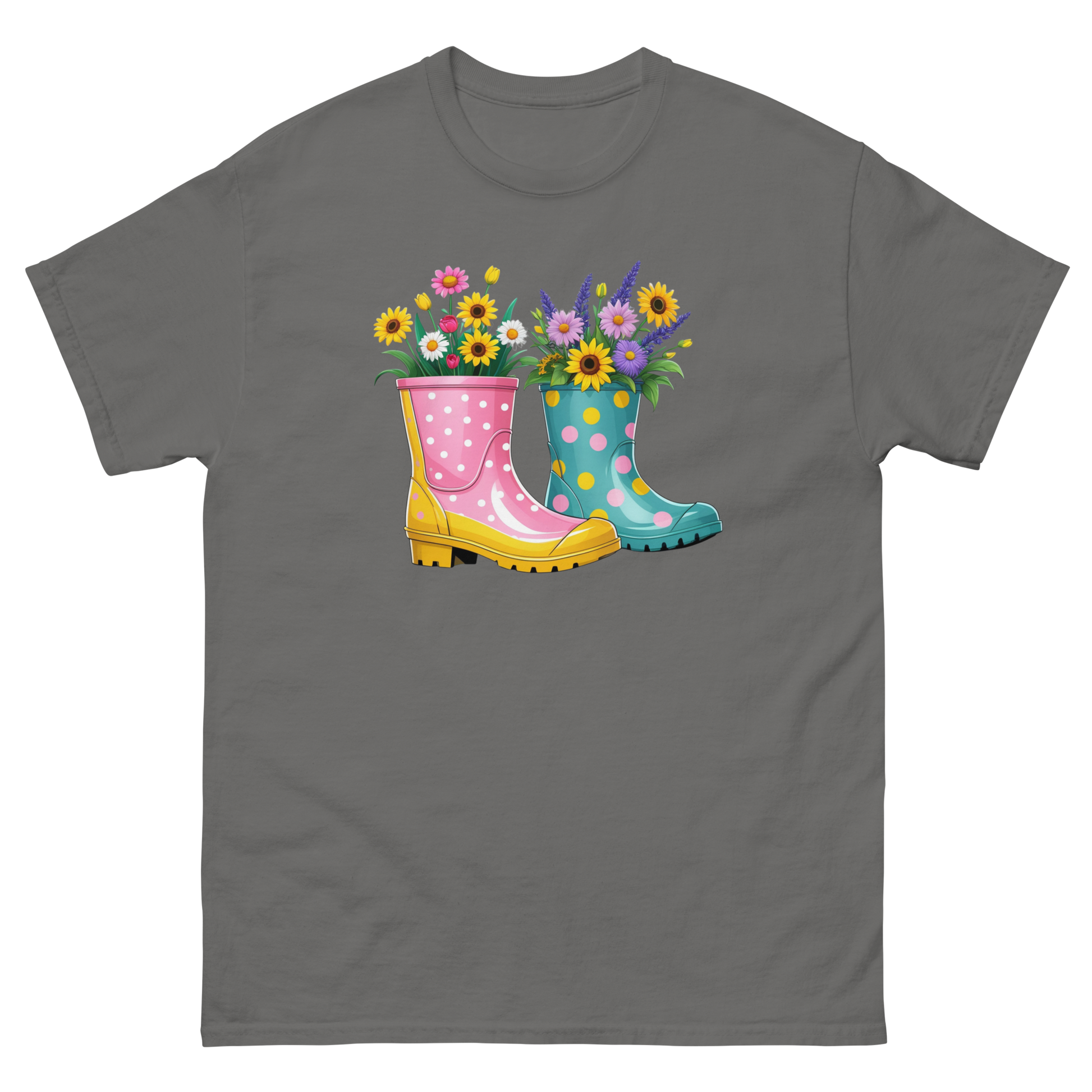 Floral Rain Boots Tee – Colorful Spring Garden PNG Design Women Tees Style Junction – Custom Digital Designs & Apparel Charcoal S