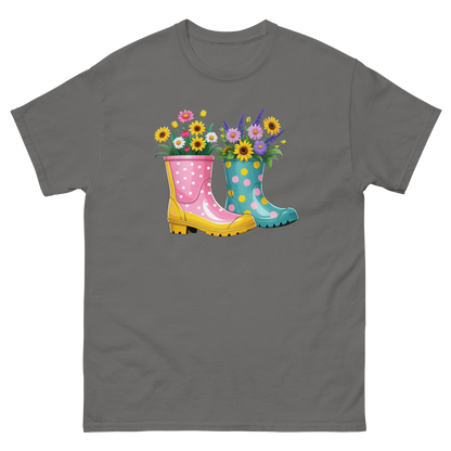 Floral Rain Boots Tee – Colorful Spring Garden PNG Design Women Tees Style Junction – Custom Digital Designs & Apparel Charcoal S