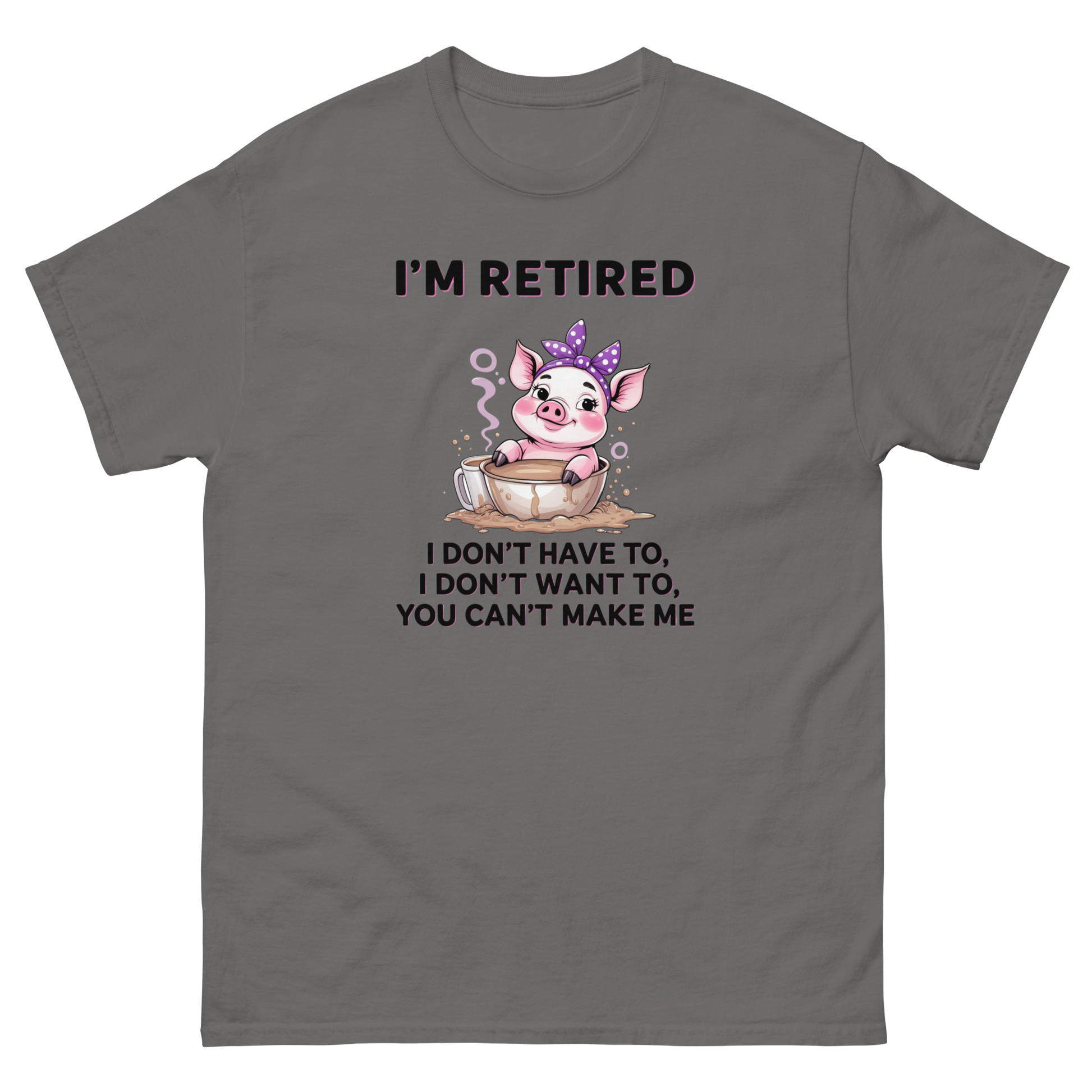 Retired Pig Coffee Tee – Funny Quote & Cute Cup Graphic Shirt Women Tees Style Junction – Custom Digital Designs & Apparel Charcoal S