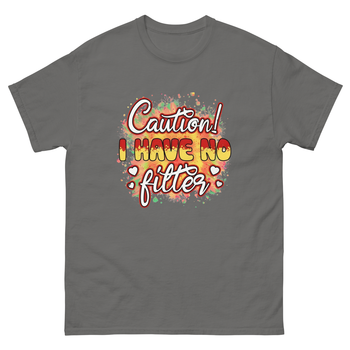 Caution No Filter Tee – Bold Funny Sarcastic Statement Shirt Women Tees Style Junction – Custom Digital Designs & Apparel Charcoal S