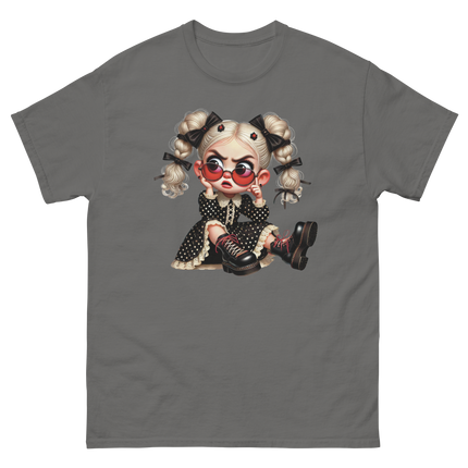 Sassy Blonde Pigtail Tee – Grumpy Doll in Polka Dot Dress Women Tees Style Junction – Custom Digital Designs & Apparel Charcoal S