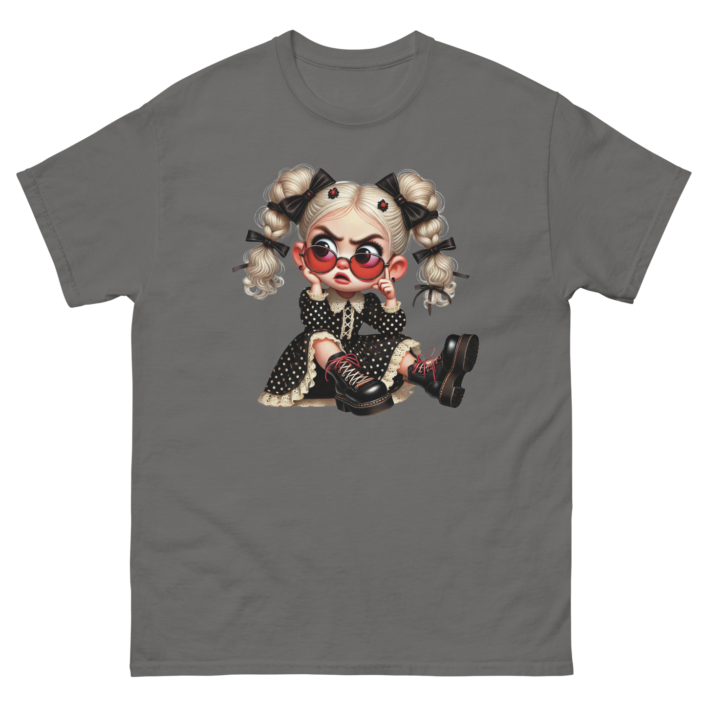 Sassy Blonde Pigtail Tee – Grumpy Doll in Polka Dot Dress Women Tees Style Junction – Custom Digital Designs & Apparel Charcoal S