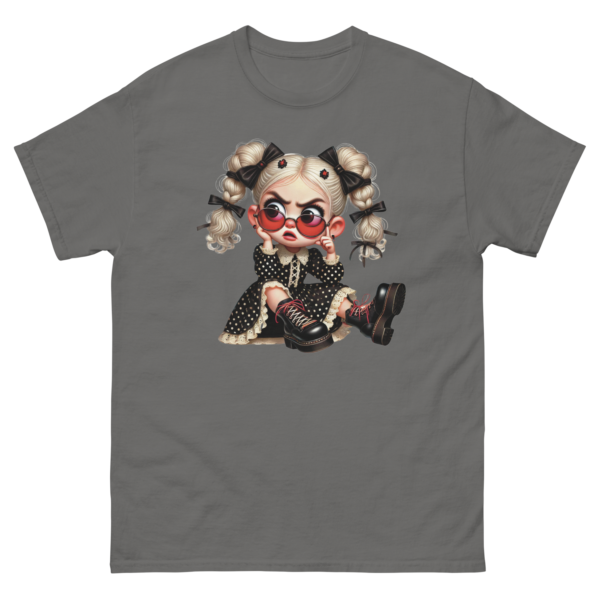 Sassy Blonde Pigtail Tee – Grumpy Doll in Polka Dot Dress Women Tees Style Junction – Custom Digital Designs & Apparel Charcoal S