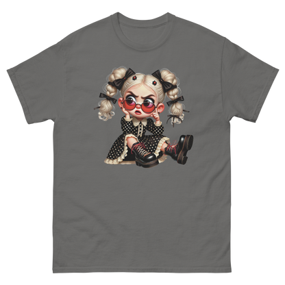 Sassy Blonde Pigtail Tee – Grumpy Doll in Polka Dot Dress Women Tees Style Junction – Custom Digital Designs & Apparel Charcoal S
