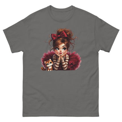 Cute Girl & Cat Tee – Red Tulle Skirt, Big Bow, Whimsical Style Women Tees Style Junction – Custom Digital Designs & Apparel Charcoal S