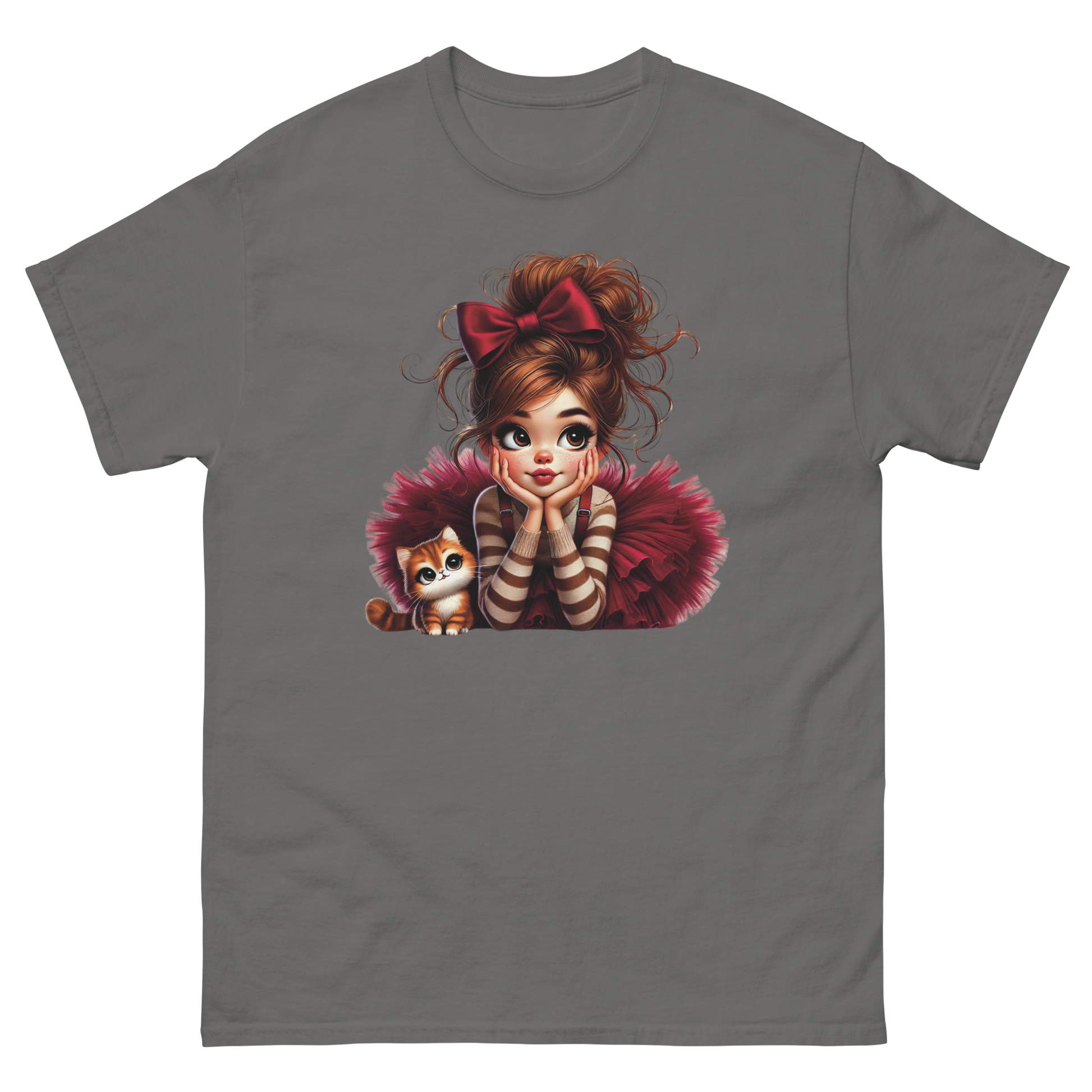 Cute Girl & Cat Tee – Red Tulle Skirt, Big Bow, Whimsical Style Women Tees Style Junction – Custom Digital Designs & Apparel Charcoal S