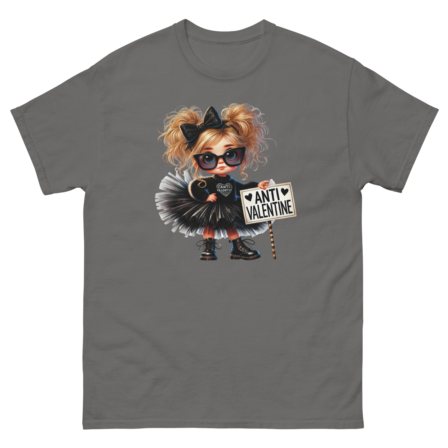 Anti-Valentine Tee – Sassy Girl in Black Tulle Skirt Graphic Women Tees Style Junction – Custom Digital Designs & Apparel Charcoal S