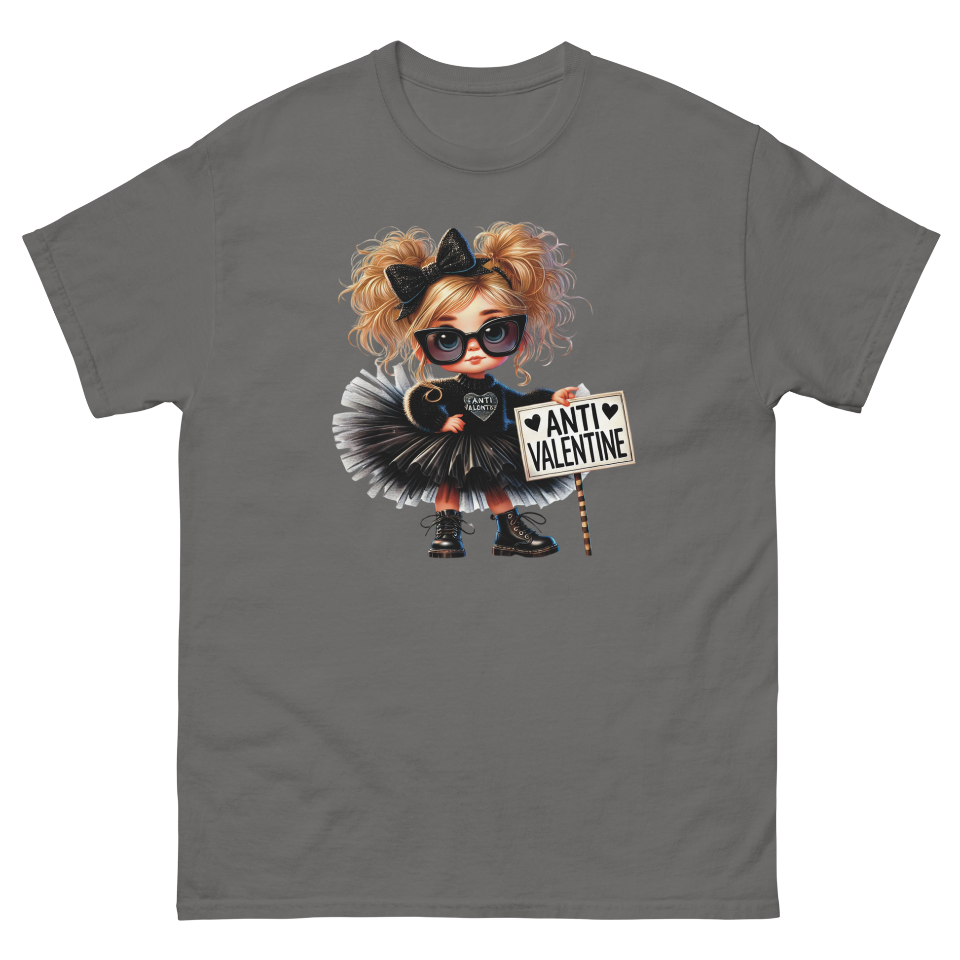 Anti-Valentine Tee – Sassy Girl in Black Tulle Skirt Graphic Women Tees Style Junction – Custom Digital Designs & Apparel Charcoal S