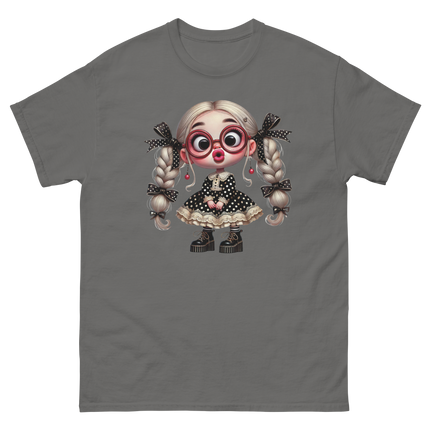 Polka Dot Girl Tee – Vintage Doll Style with Blonde Pigtails Women Tees Style Junction – Custom Digital Designs & Apparel Charcoal S