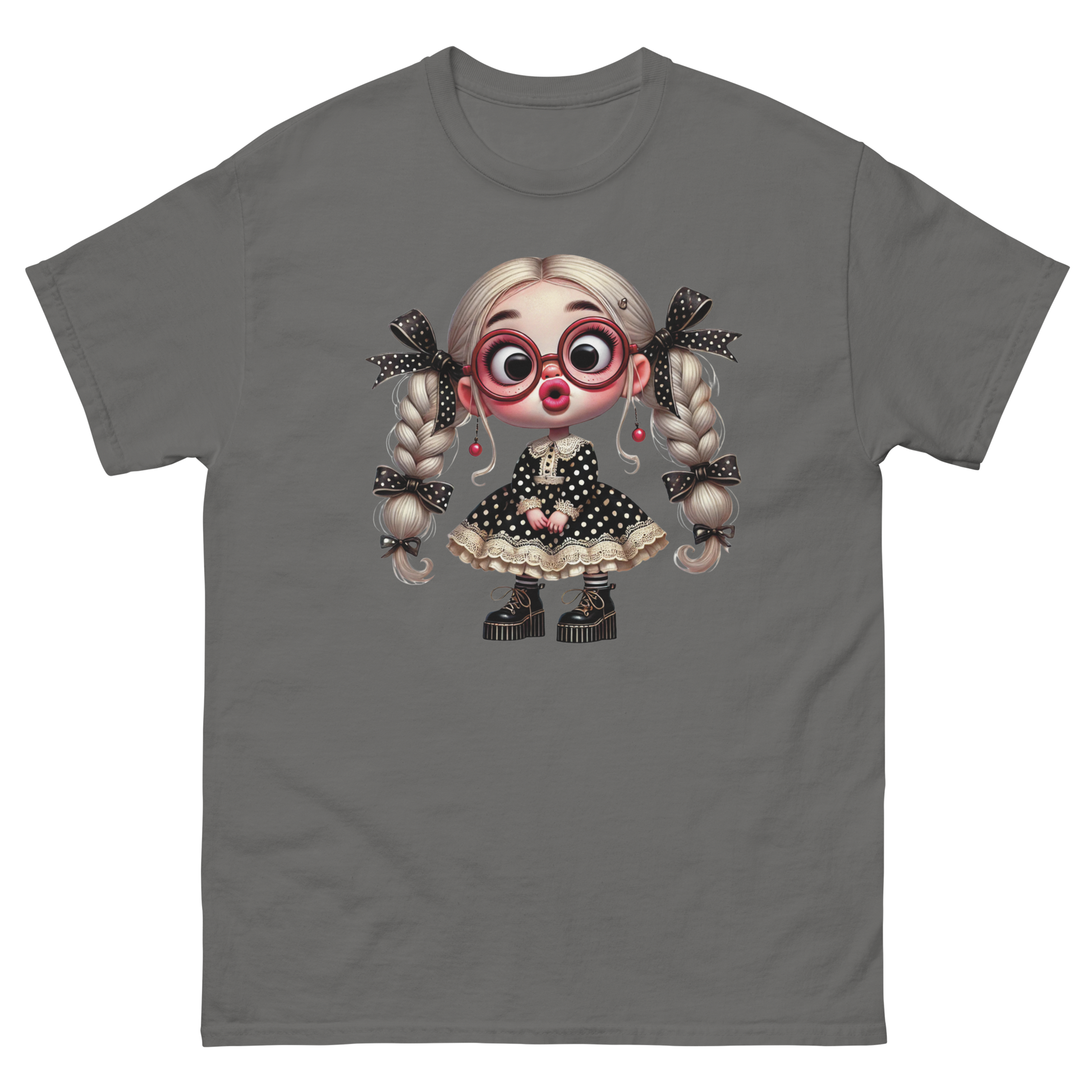 Polka Dot Girl Tee – Vintage Doll Style with Blonde Pigtails Women Tees Style Junction – Custom Digital Designs & Apparel Charcoal S