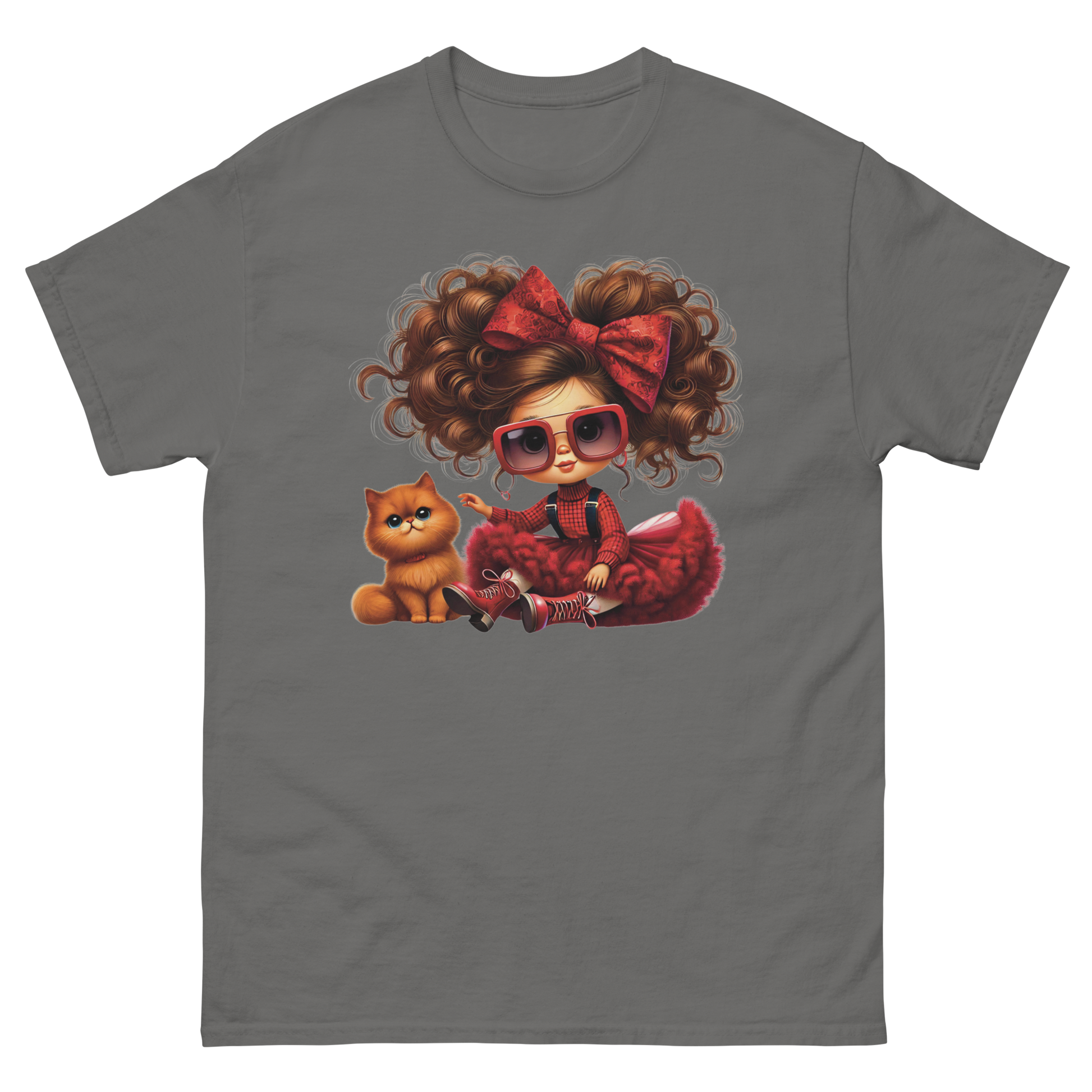 Curly Hair Girl & Cat Tee – Red Skirt & Bow Doll Style Graphic Women Tees Style Junction – Custom Digital Designs & Apparel Charcoal S