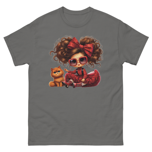 Curly Hair Girl & Cat Tee – Red Skirt & Bow Doll Style Graphic Women Tees Style Junction – Custom Digital Designs & Apparel Charcoal S