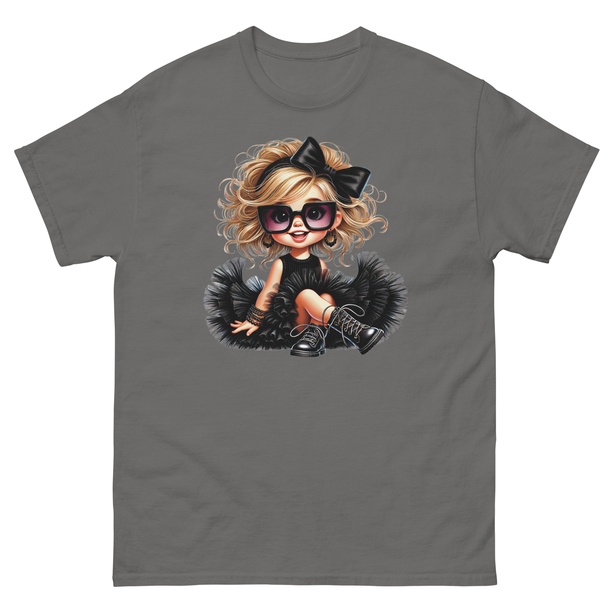 Blonde Curly Girl Tee – Tulle Skirt & Sunglasses Streetwear Women Tees Style Junction – Custom Digital Designs & Apparel Charcoal S